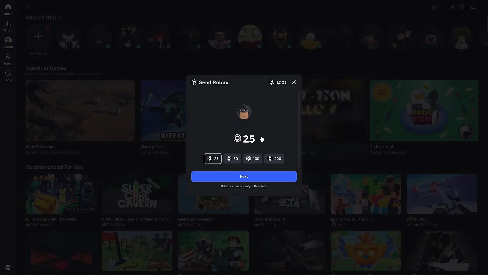 Send Robux modal overlay on the Roblox homepage using a browser extension for direct transfers