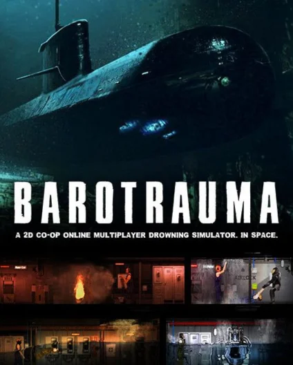 Official Barotrauma cover art showing a submarine descending into Europa's dark ocean