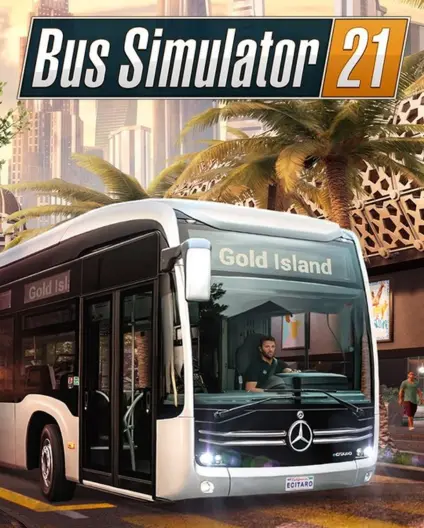 Official cover art for Bus Simulator 21 Next Stop featuring a city bus in Gold Island