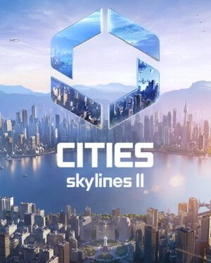 Imagen oficial de la portada de «Cities: Skylines II», en la que se muestra el logotipo del juego con el perfil urbano