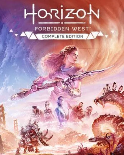 Official Horizon Forbidden West Complete Edition cover art featuring Aloy and the game's cast