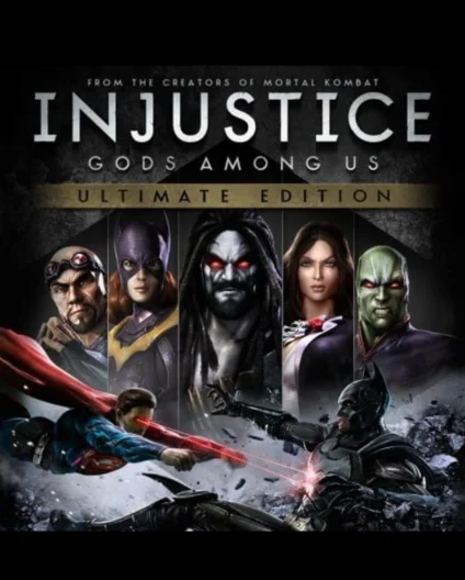 Injustice: Gods Among Us Ultimate Edition official cover art with the full DLC character roster