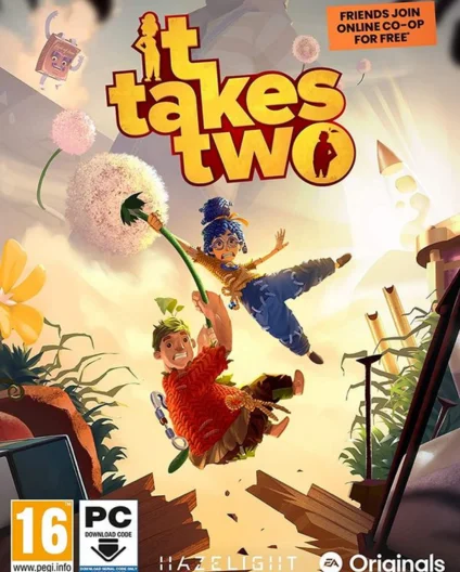 Official box art for It Takes Two, showing Cody and May flying past dandelions