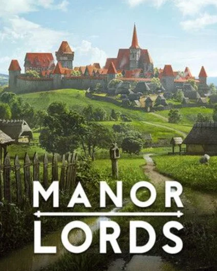 Official Manor Lords cover art showing a fortified hilltop medieval town