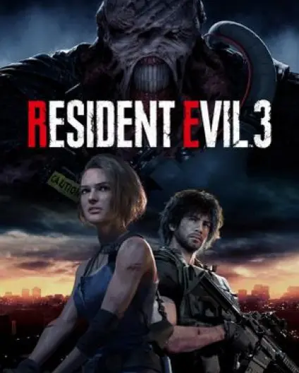 Resident Evil 3 key art featuring Jill Valentine, Carlos Oliveira and Nemesis