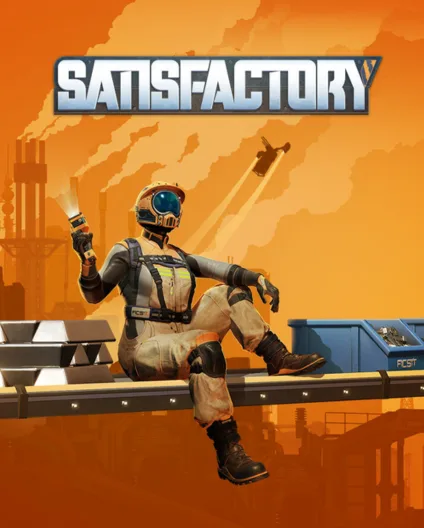 Official Satisfactory cover art of a FICSIT Pioneer riding a conveyor belt