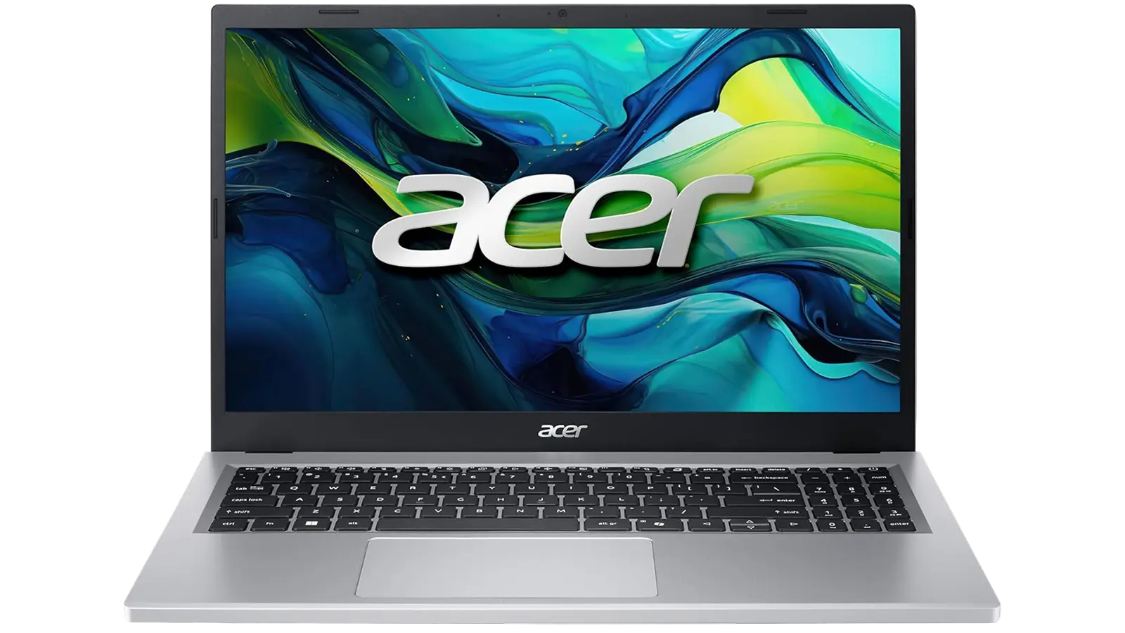 Acer Aspire Go 15 laptop front view showing full display and AMD Ryzen 7 badge on white background