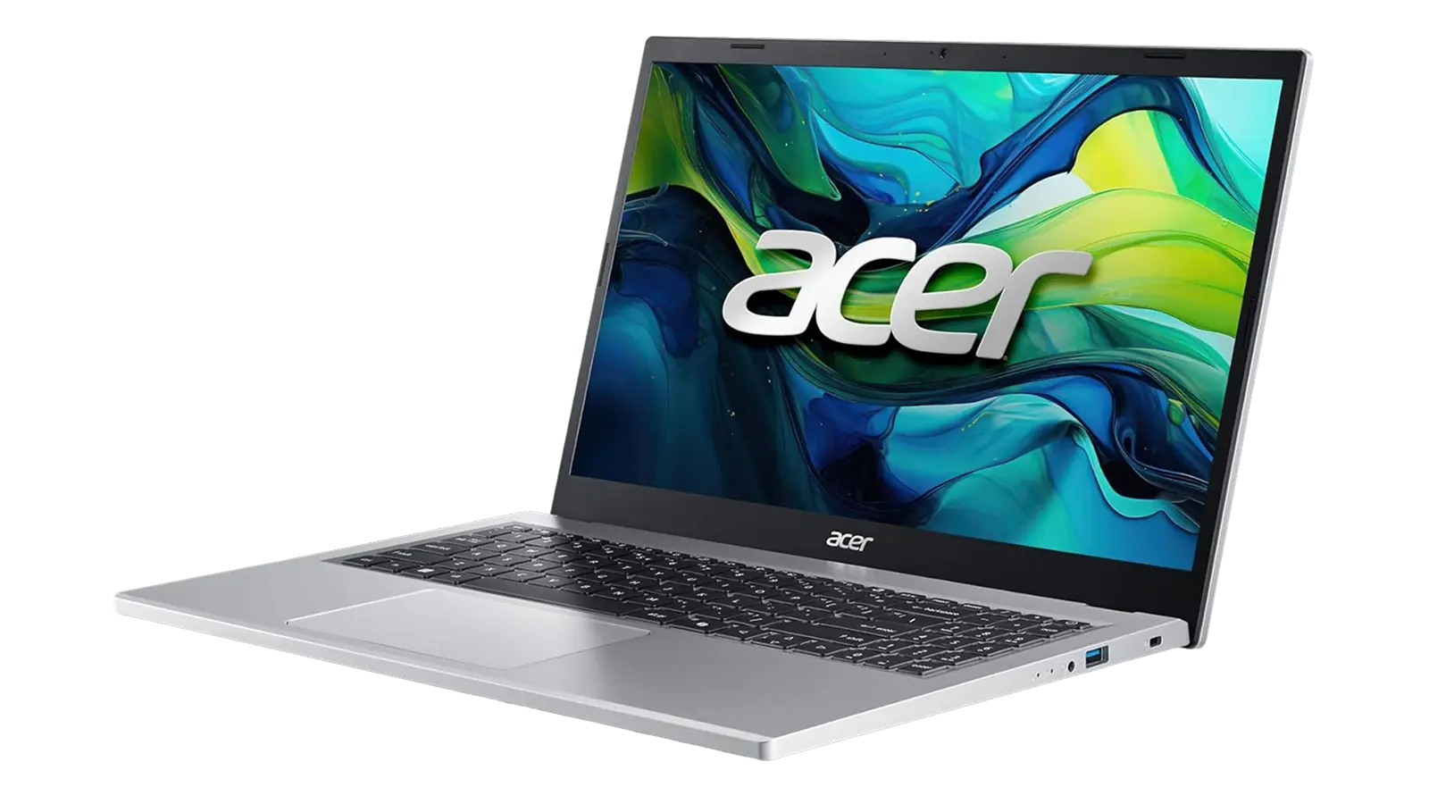 Acer Aspire Go 15 laptop angled front view showing display and full keyboard on white background