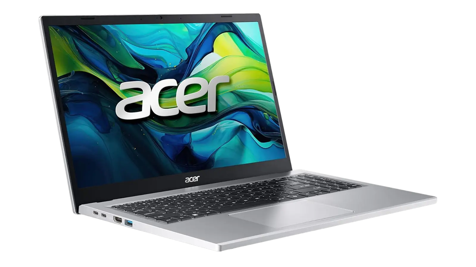 Acer Aspire Go 15 silver laptop open at three-quarter angle showing screen and keyboard on white background