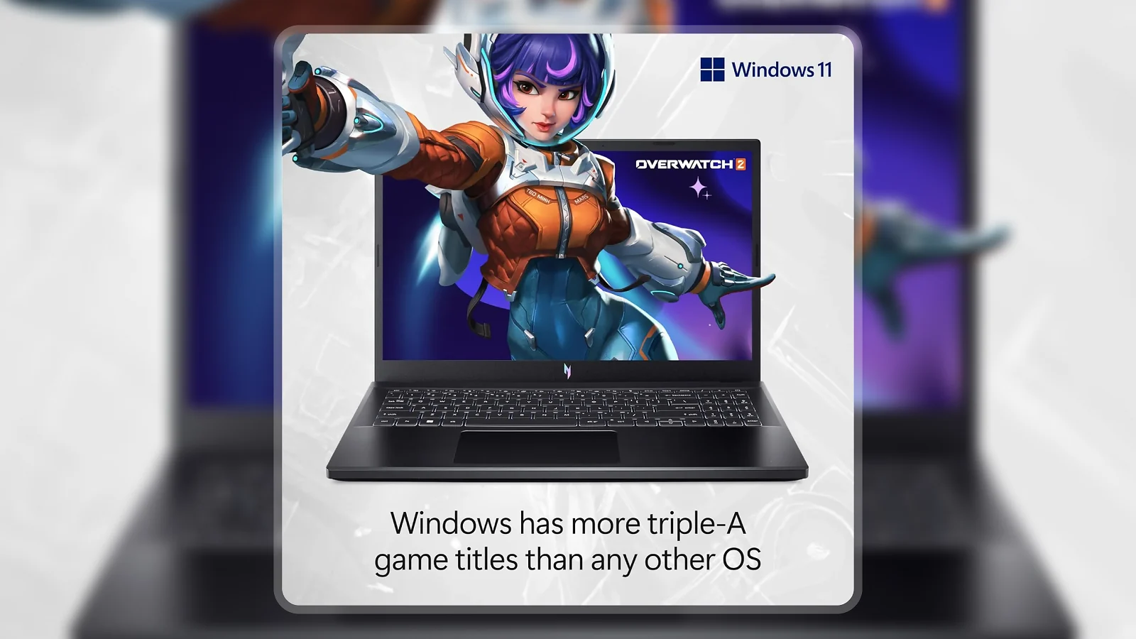 Acer Nitro V 15 gaming laptop open showing Overwatch 2 running on screen with Windows 11 branding