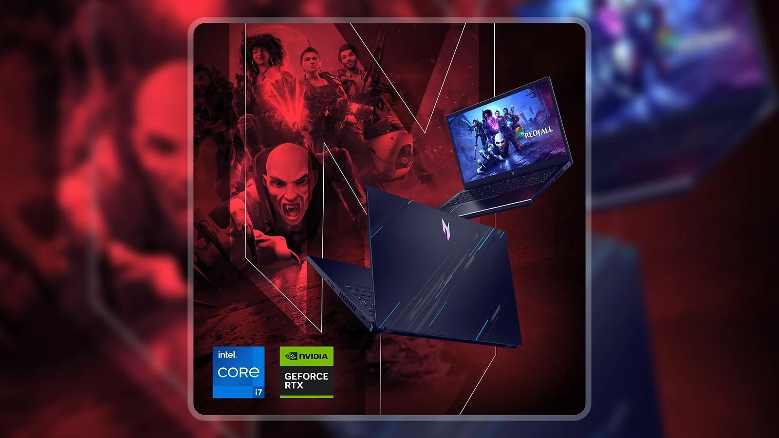 Acer Nitro V 15 shown from front and rear angles against dark red gaming backdrop with Intel Core i7 and NVIDIA RTX logos
