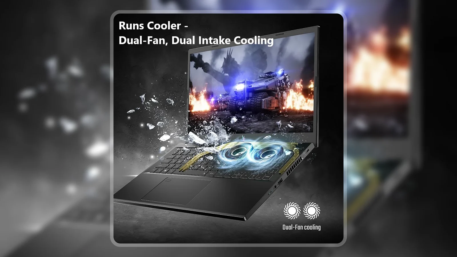 Acer Nitro V 15 open with a tank game on screen showing dual-fan intake cooling diagram at the base