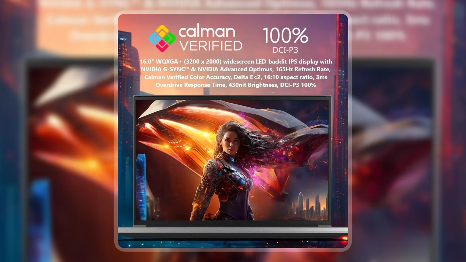 Acer Predator Triton Neo 16 laptop open at night against a city skyline with a fantasy warrior on screen