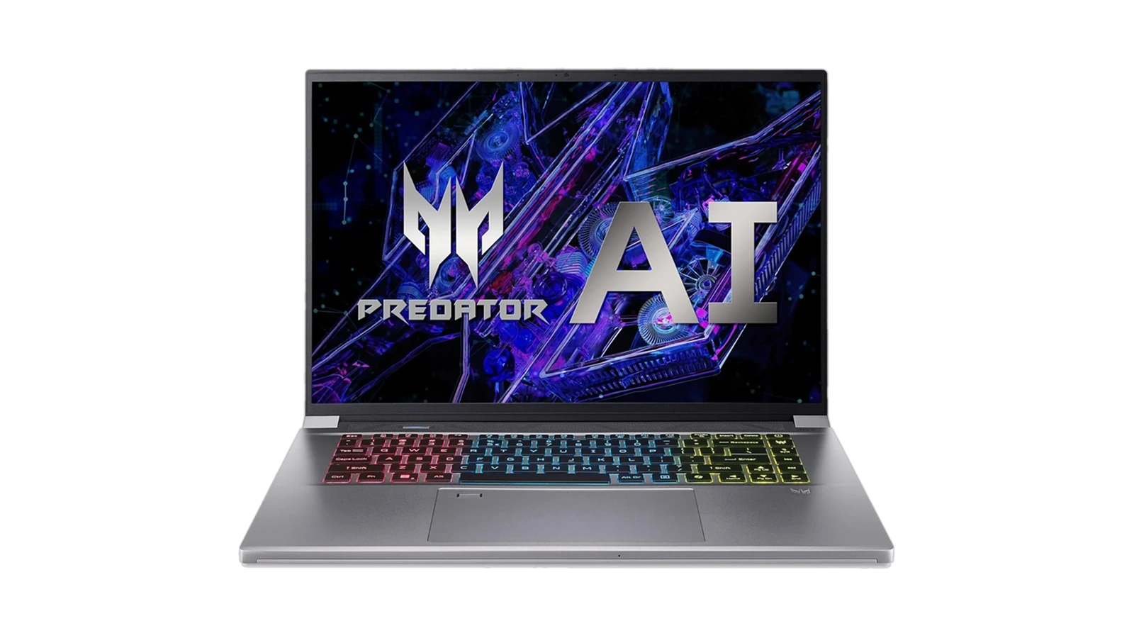 Acer Predator Triton Neo 16 laptop front view on white background with RGB keyboard and full-width display