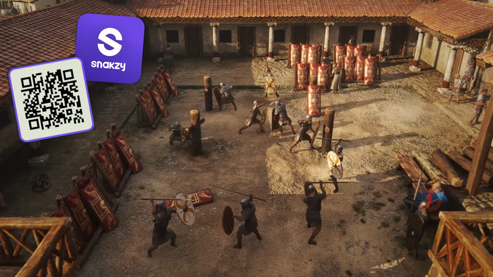 A military training courtyard in Anno 117: Pax Romana next to the Snakzy app QR code