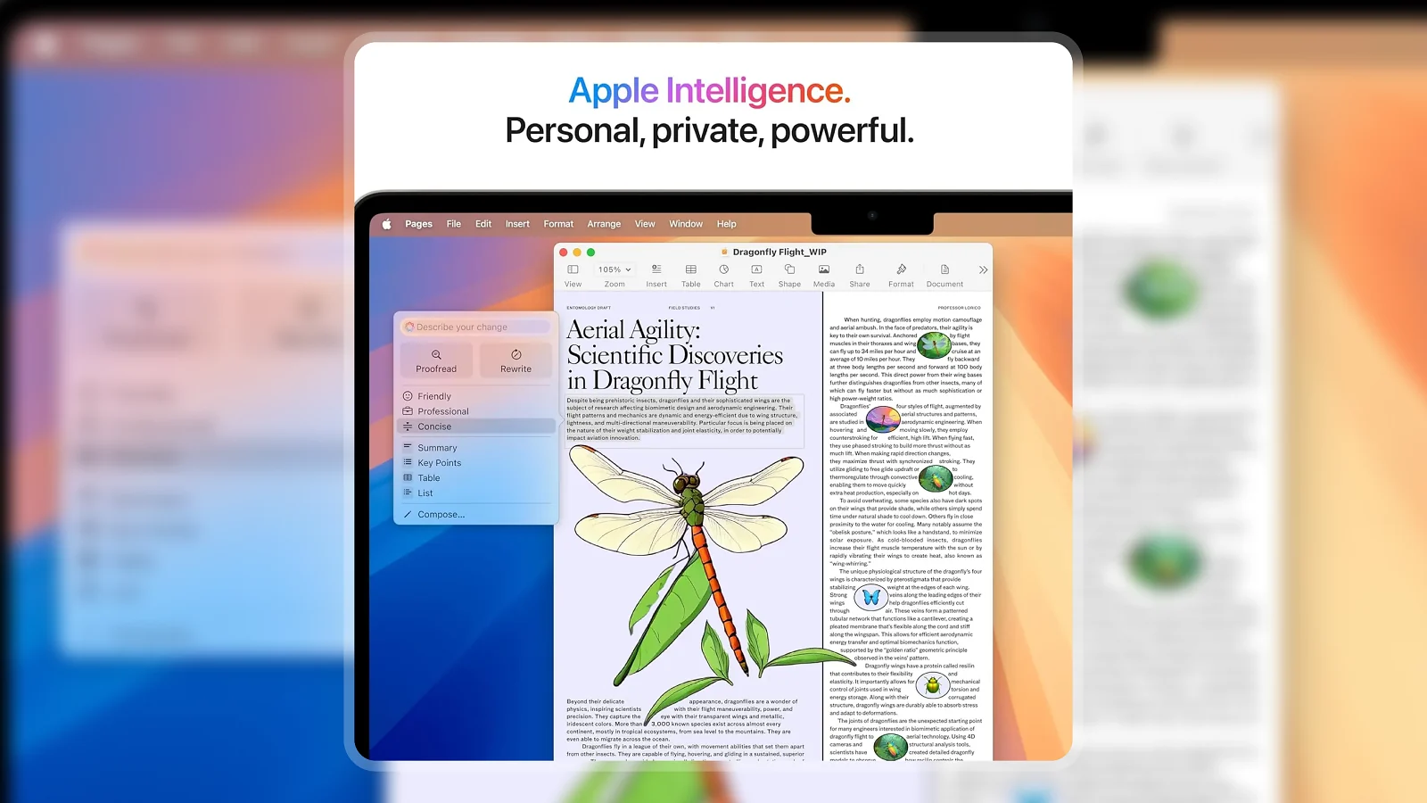 Apple MacBook Air M4 displaying a Pages document with Apple Intelligence writing tools panel open