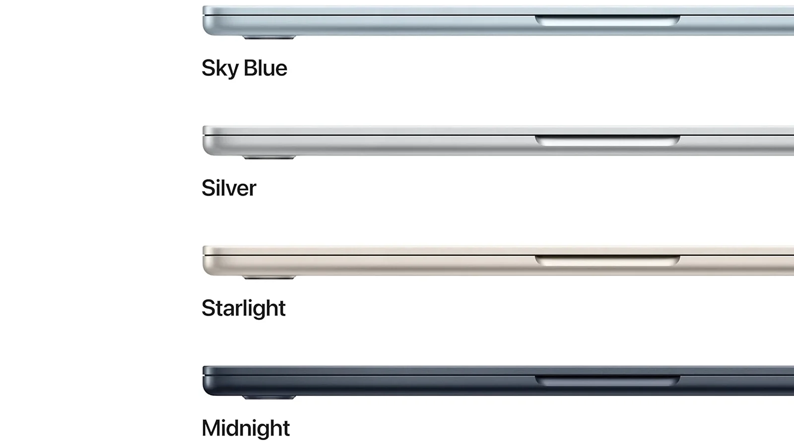 Apple MacBook Air M4 side profile in four color options - Sky Blue, Silver, Starlight, and Midnight