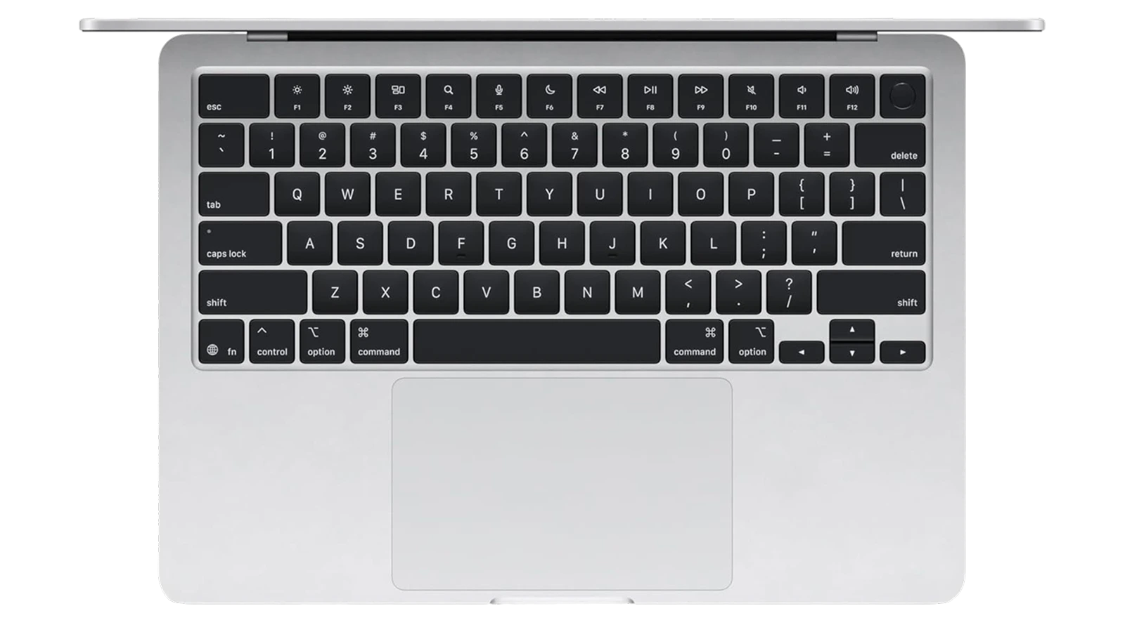 Apple MacBook Air M4 top-down view showing full backlit keyboard layout and large trackpad