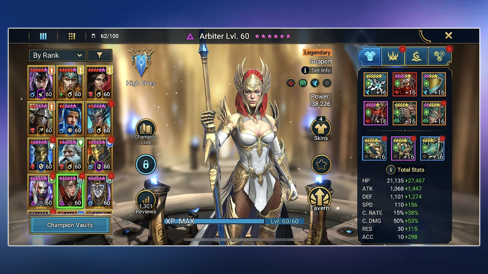 Level 60 Arbiter character screen displaying total stats and artifacts in Raid Shadow Legends