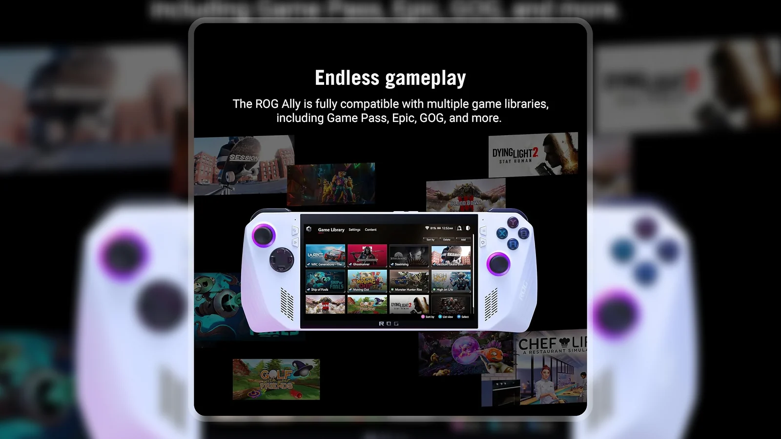 ASUS ROG Ally handheld gaming PC showing game library with Dying Light 2 and other titles in background