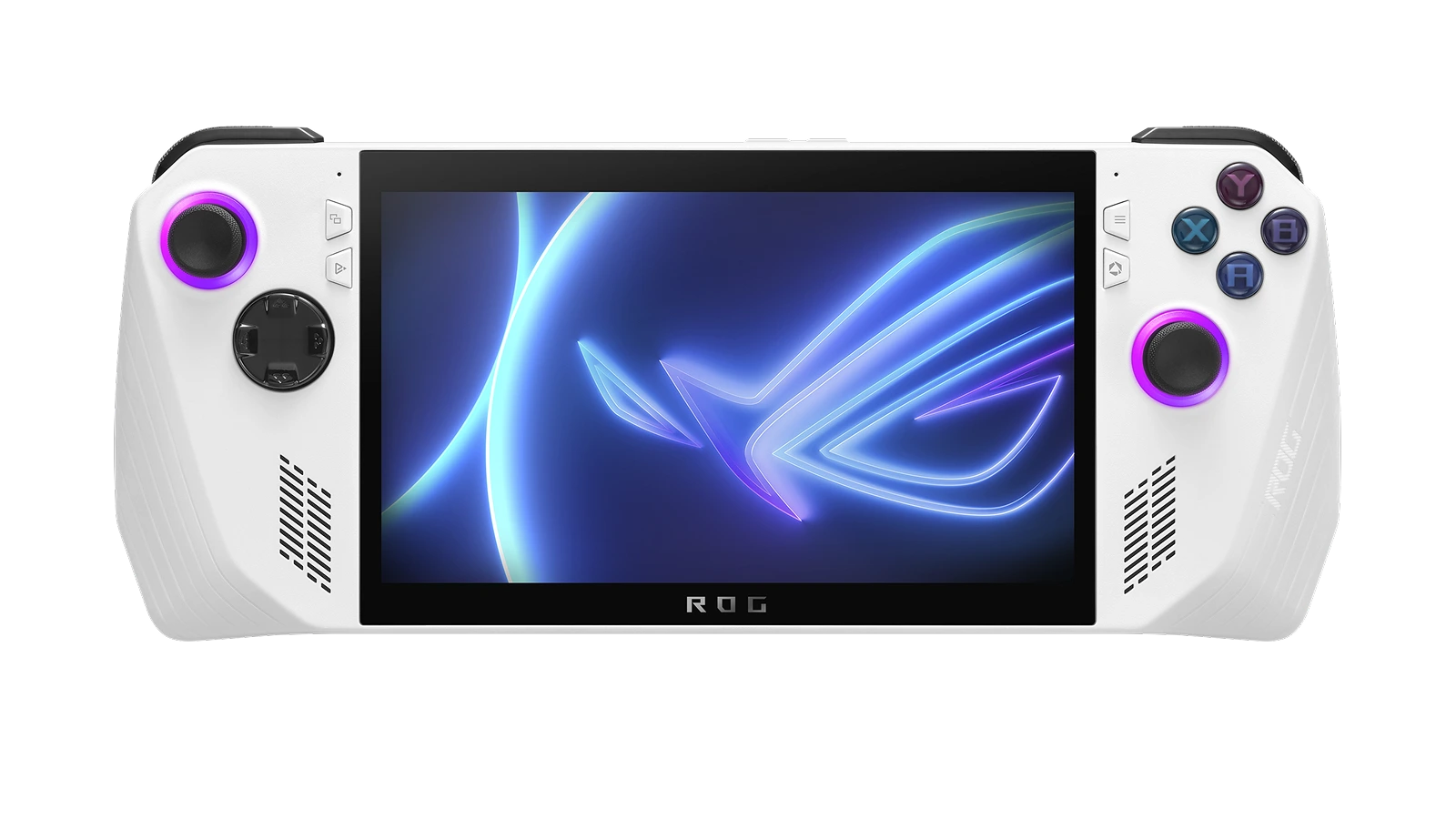ASUS ROG Ally front view showing 7-inch 120Hz display and white gamepad design on white background