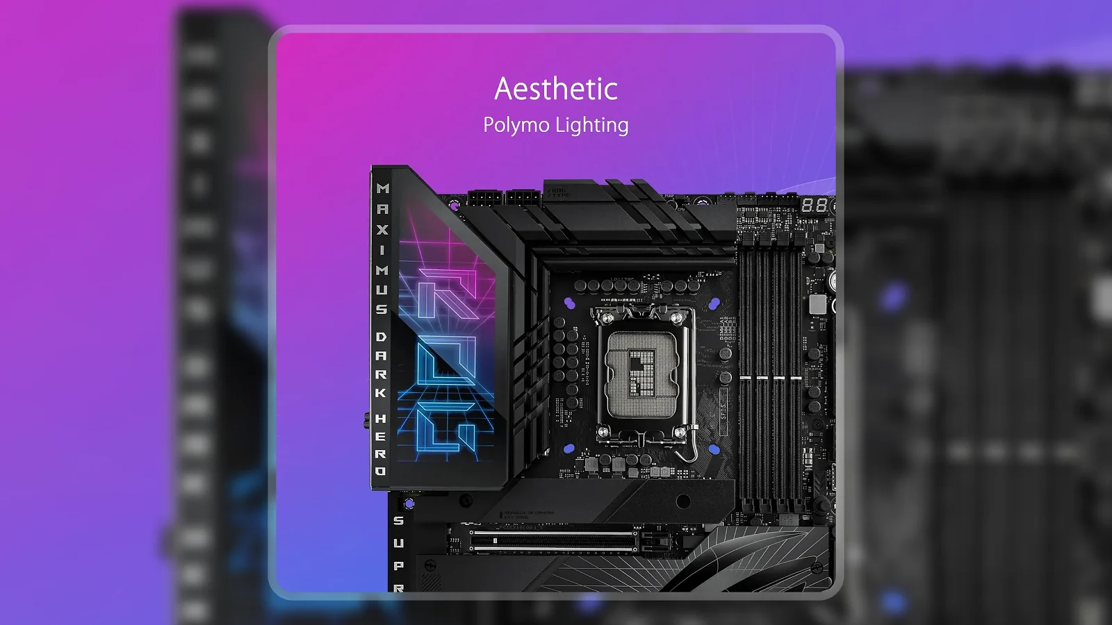ASUS ROG Maximus Z790 Dark Hero motherboard top-down view showing I/O cover with Polymo RGB lighting on gradient background