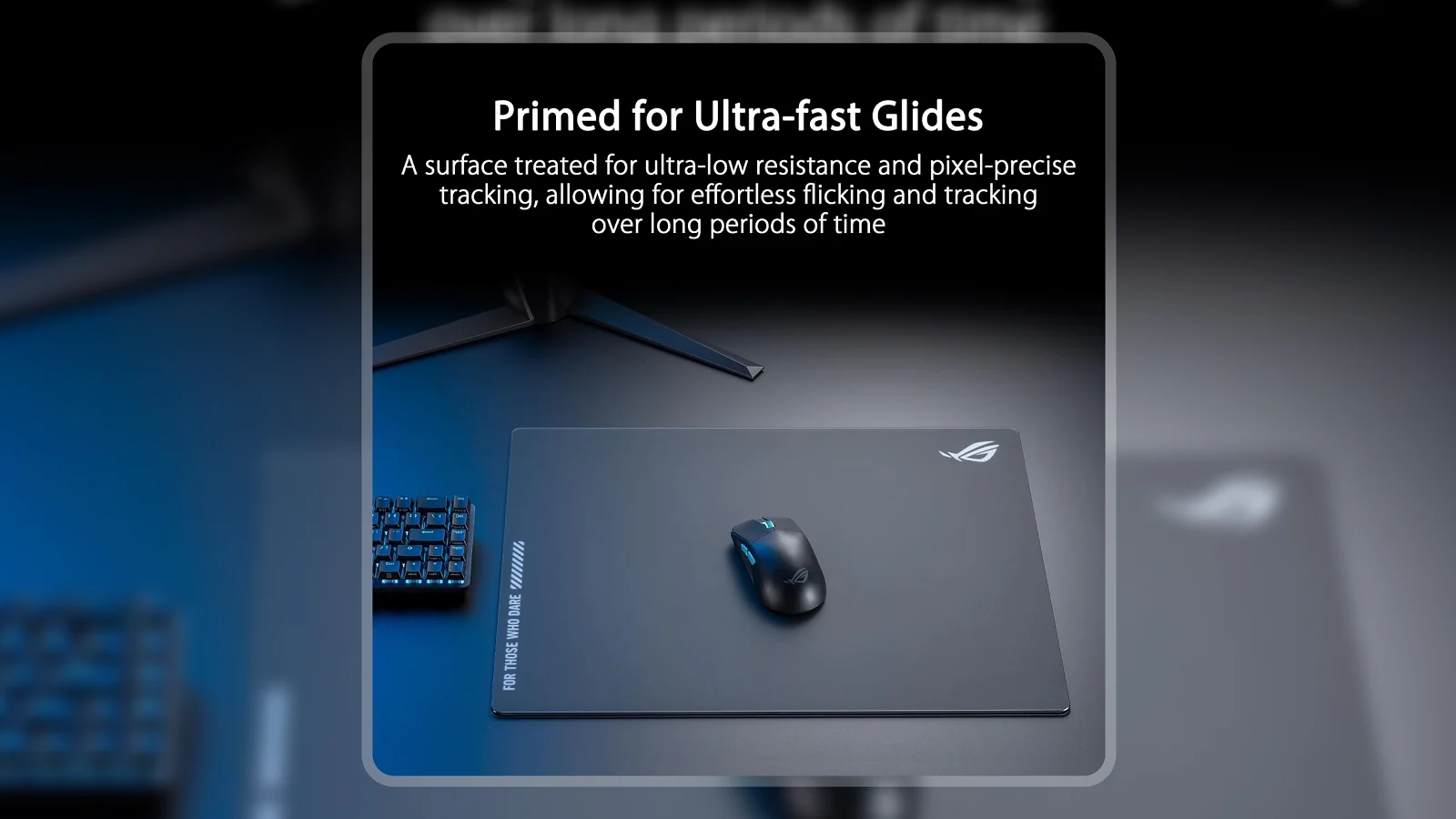 ASUS ROG Moonstone Ace L glass mouse pad with gaming mouse on dark gaming desk, keyboard visible in background