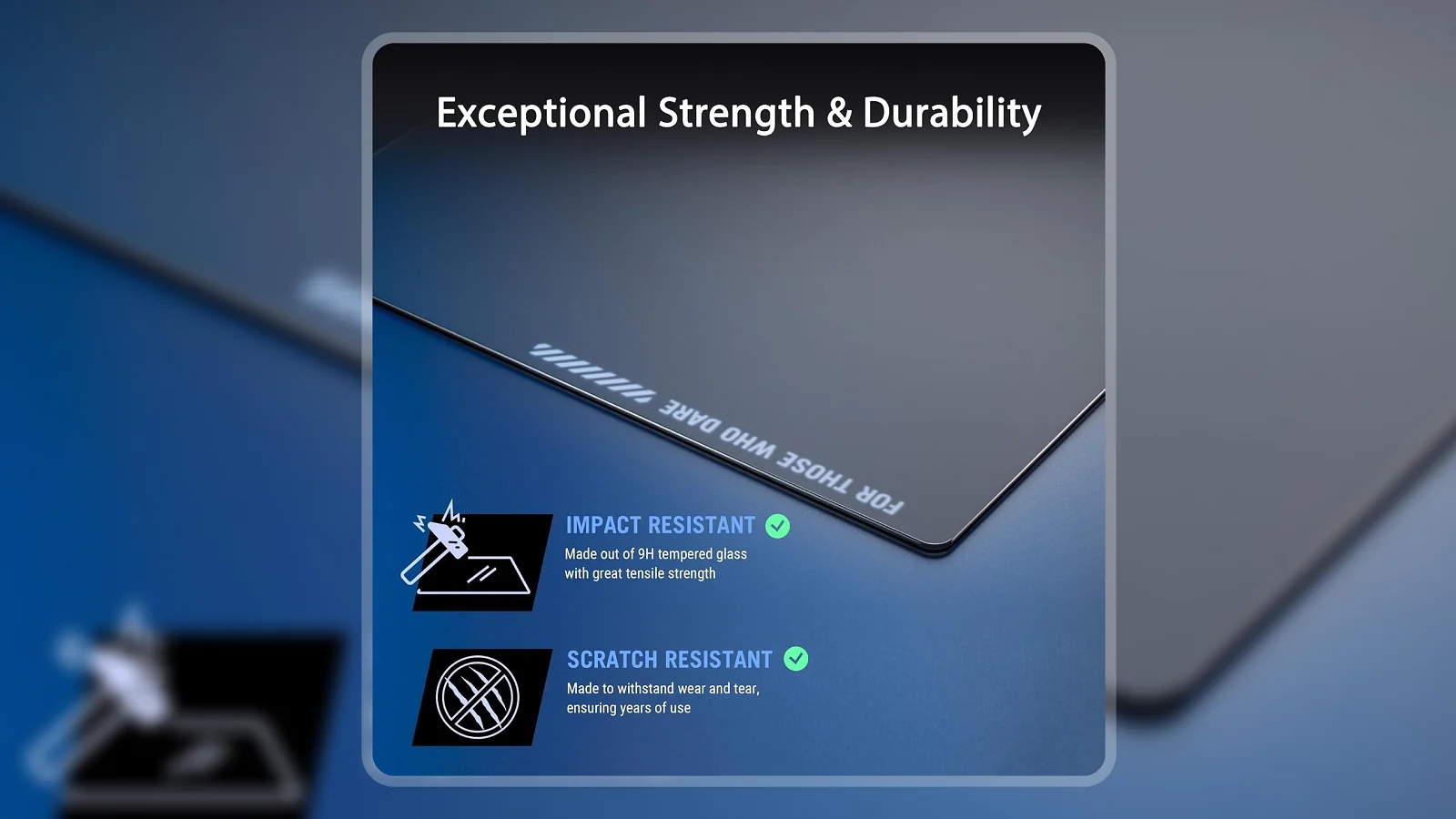 Close-up of ASUS ROG Moonstone Ace L glass mouse pad corner showing tempered glass edge and impact-resistant build