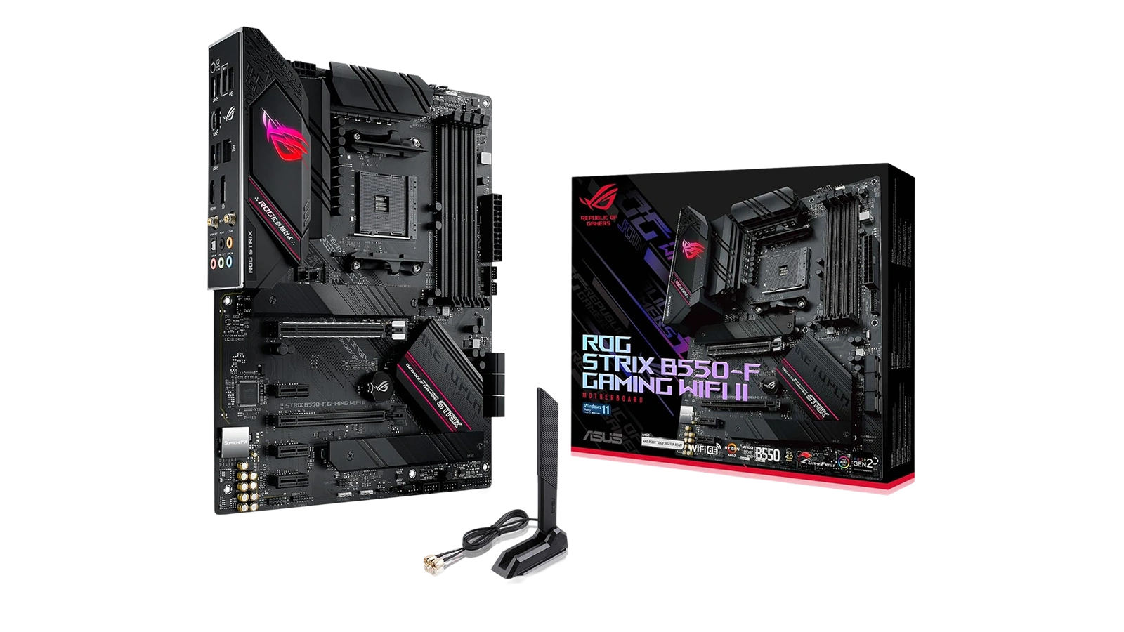 ASUS ROG Strix B550-F Gaming WiFi II motherboard beside retail box on white background