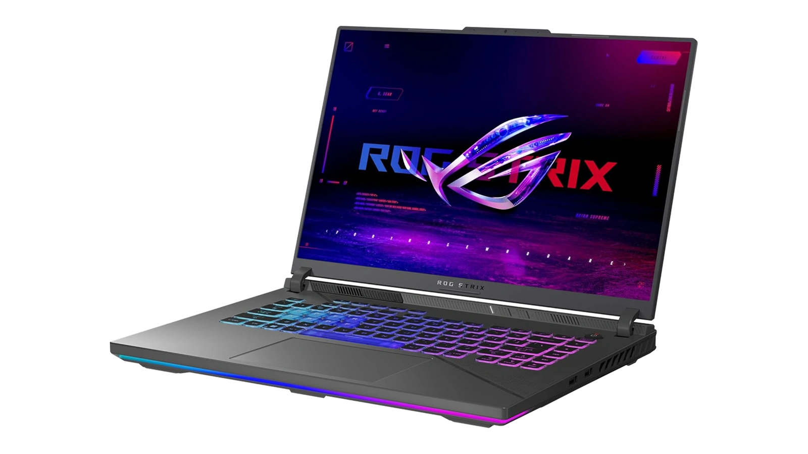ASUS ROG Strix G16 (2024) gaming laptop at 3/4 angle showing RGB keyboard and ROG Strix display