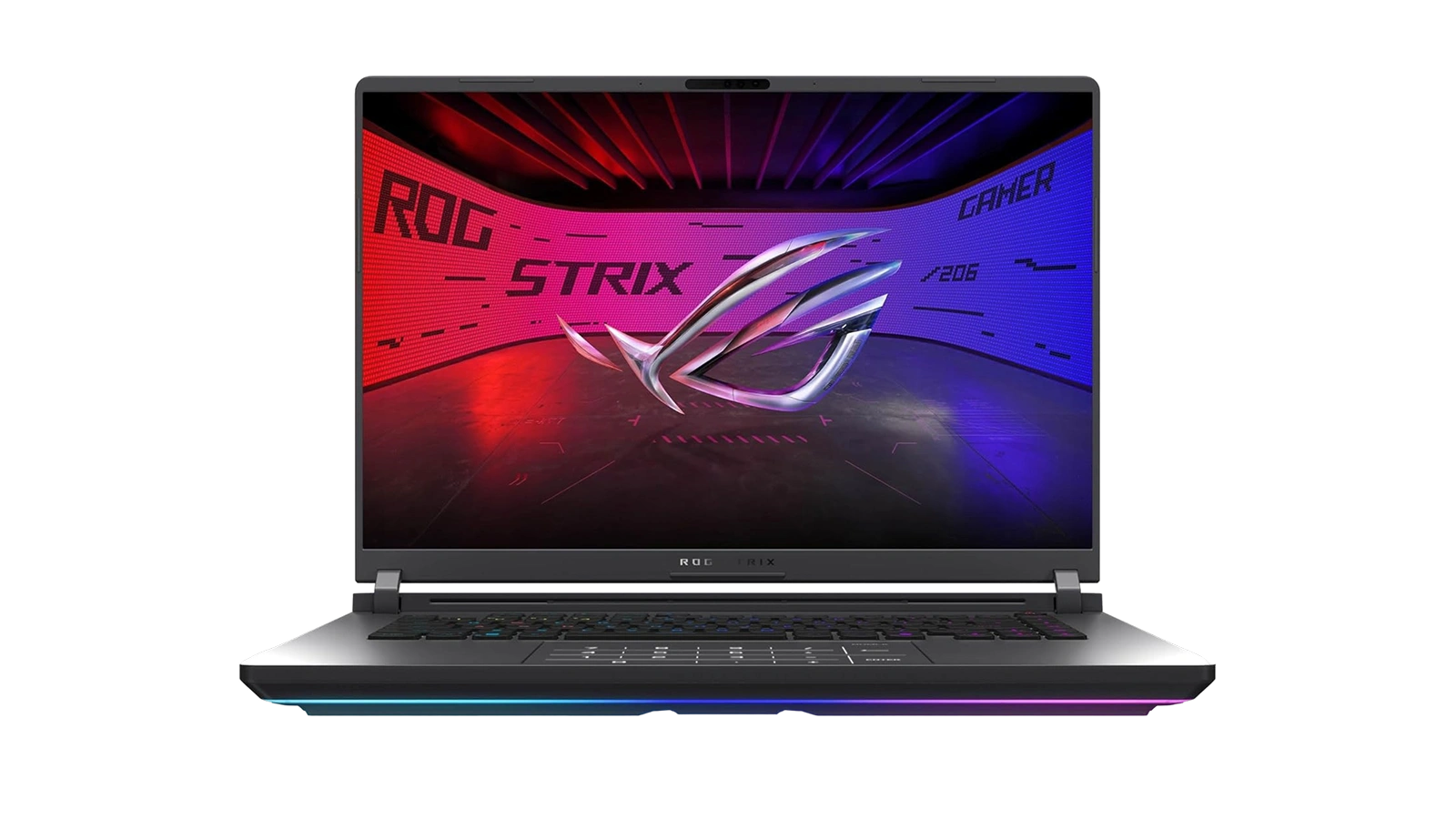 ASUS ROG Strix G16 2025 laptop front view with RGB keyboard and ROG STRIX display