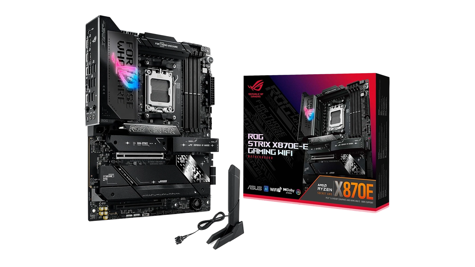 ASUS ROG Strix X870E-E Gaming WiFi motherboard on dark background with retail box and WiFi antenna