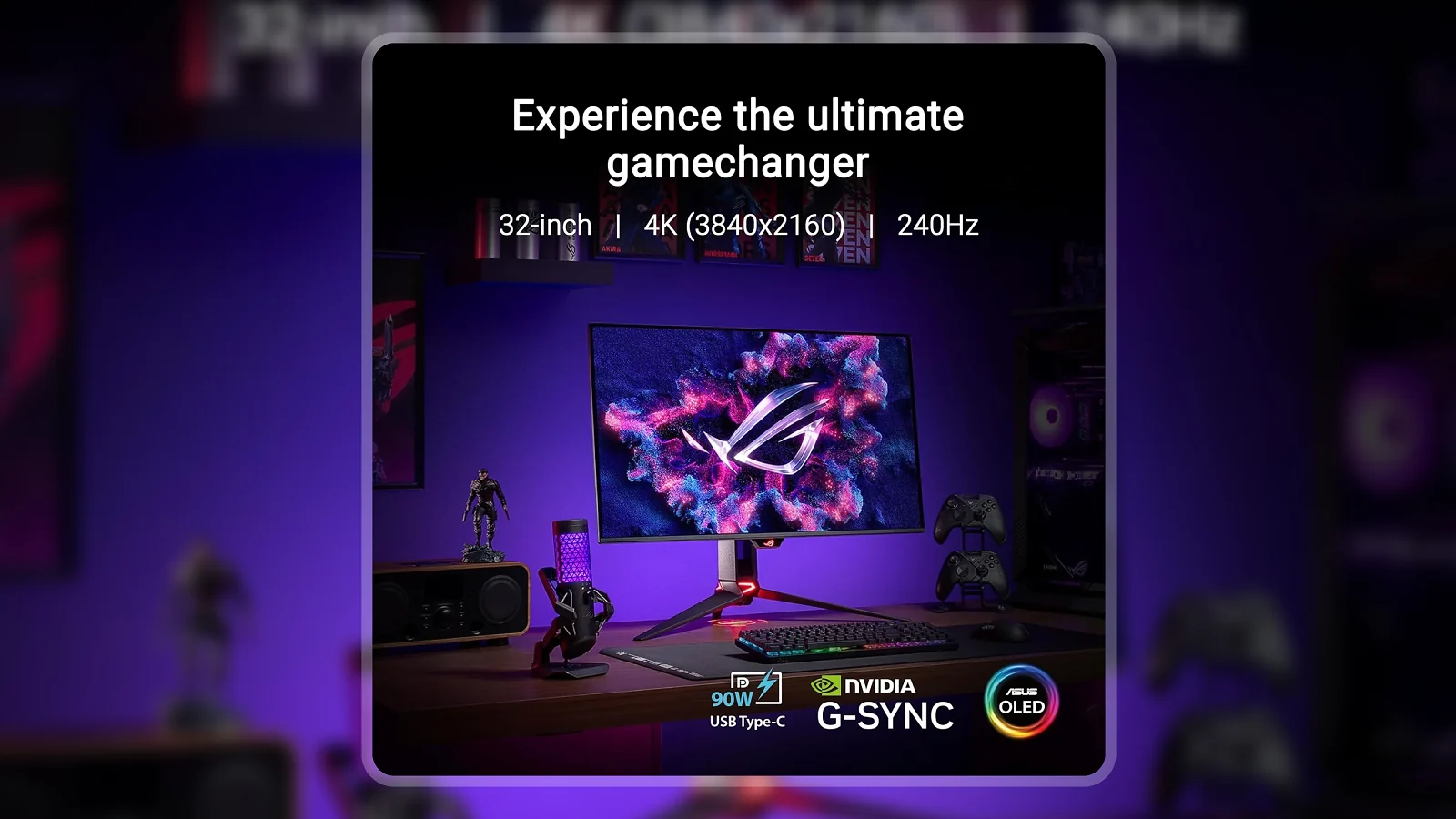 ASUS ROG Swift PG32UCDM on a gaming desk with RGB keyboard, microphone, and controller in ambient lighting