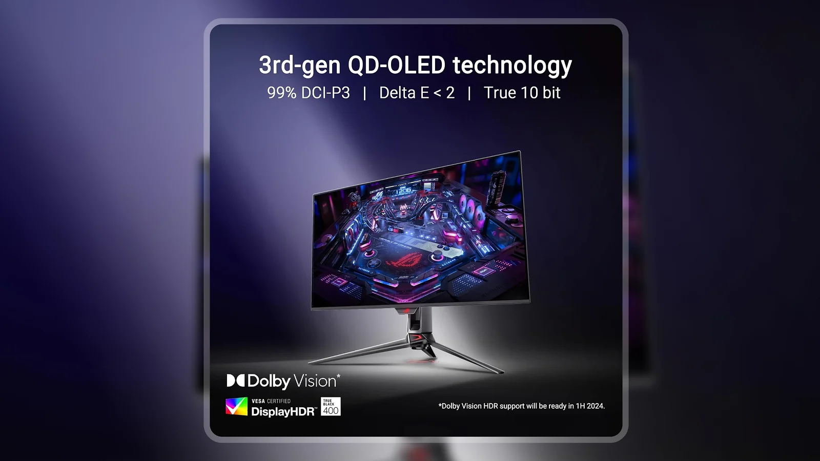 ASUS ROG Swift PG32UCDM at a downward angle showing colorful gaming content in an atmospheric dark setting