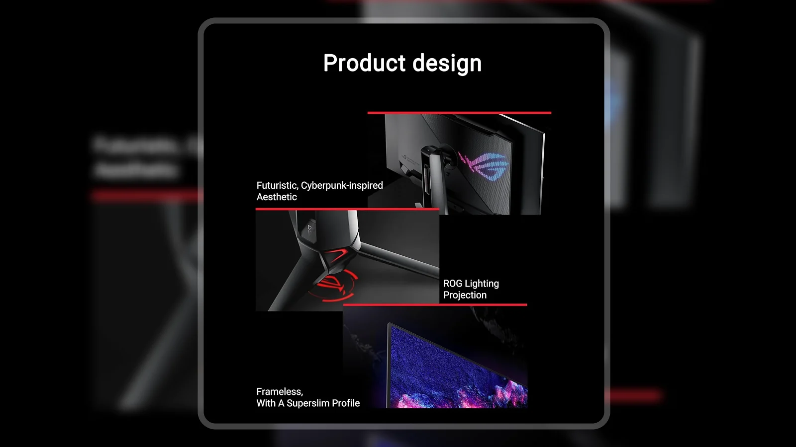 ASUS ROG Swift PG32UCDM design details showing back panel, ROG projection lighting, and frameless screen edge