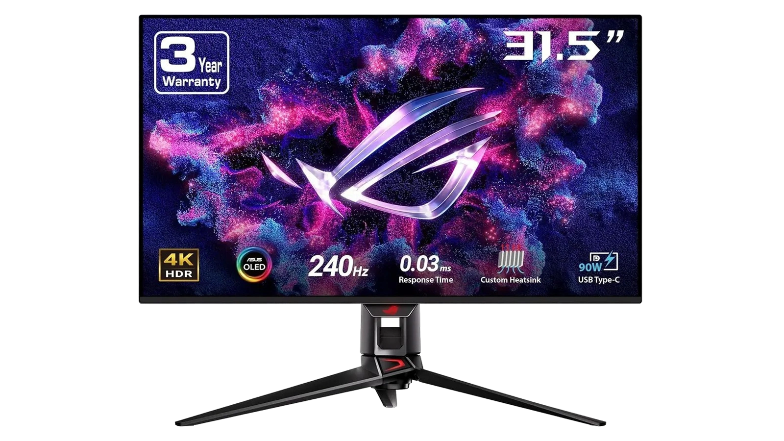 ASUS ROG Swift PG32UCDM gaming monitor front view on white background showing spec icons and ROG logo