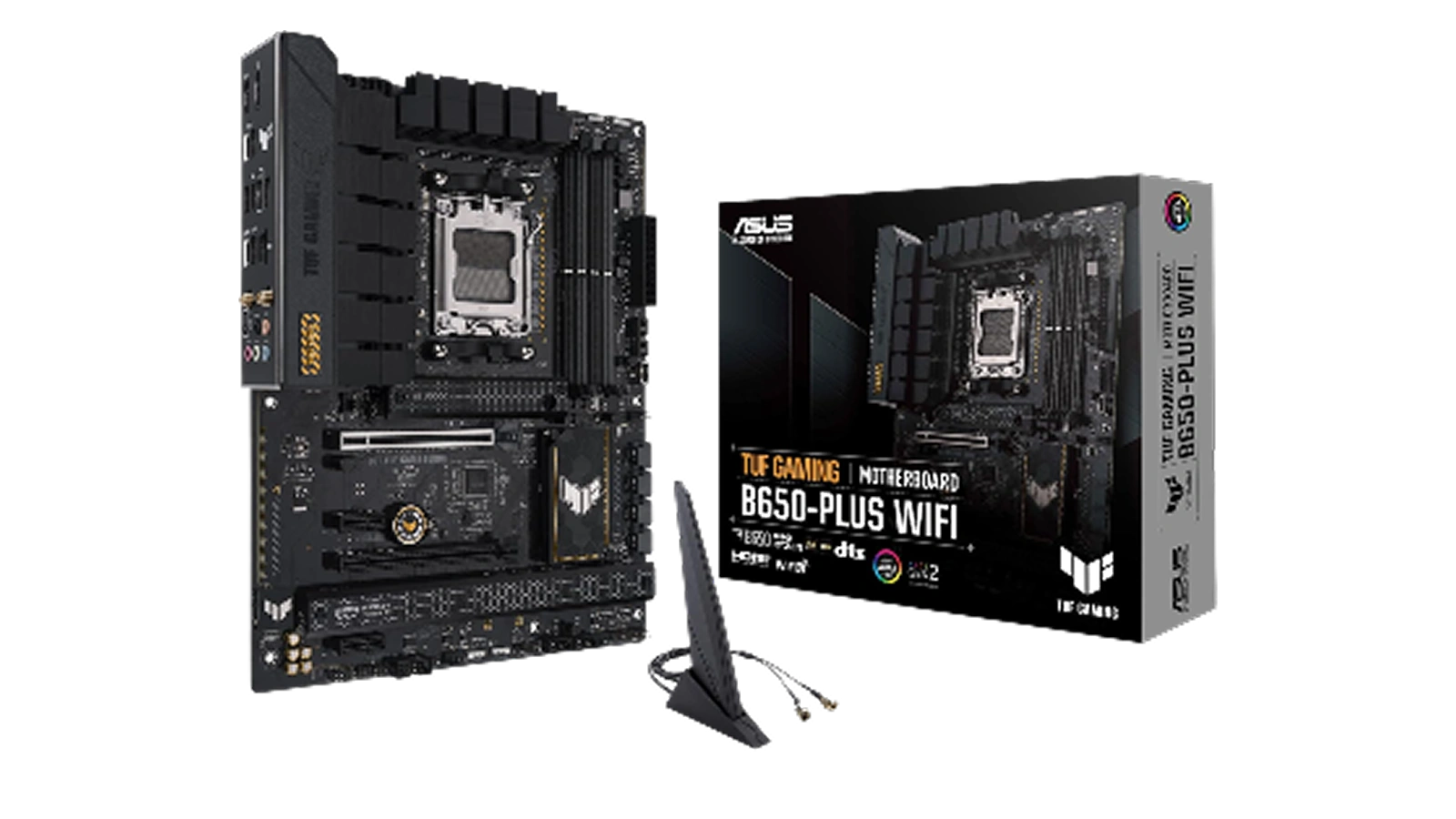 ASUS TUF Gaming B650-Plus WiFi motherboard on white background beside its retail packaging box and WiFi antenna