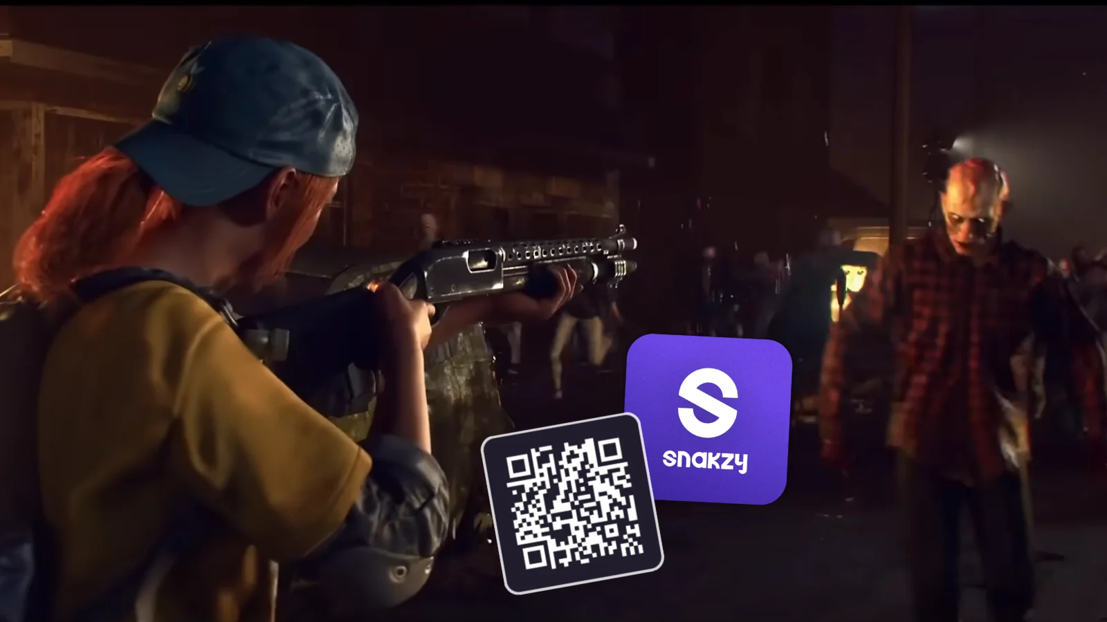Snakzy app QR code overlaid on a Back 4 Blood Ridden attack scene