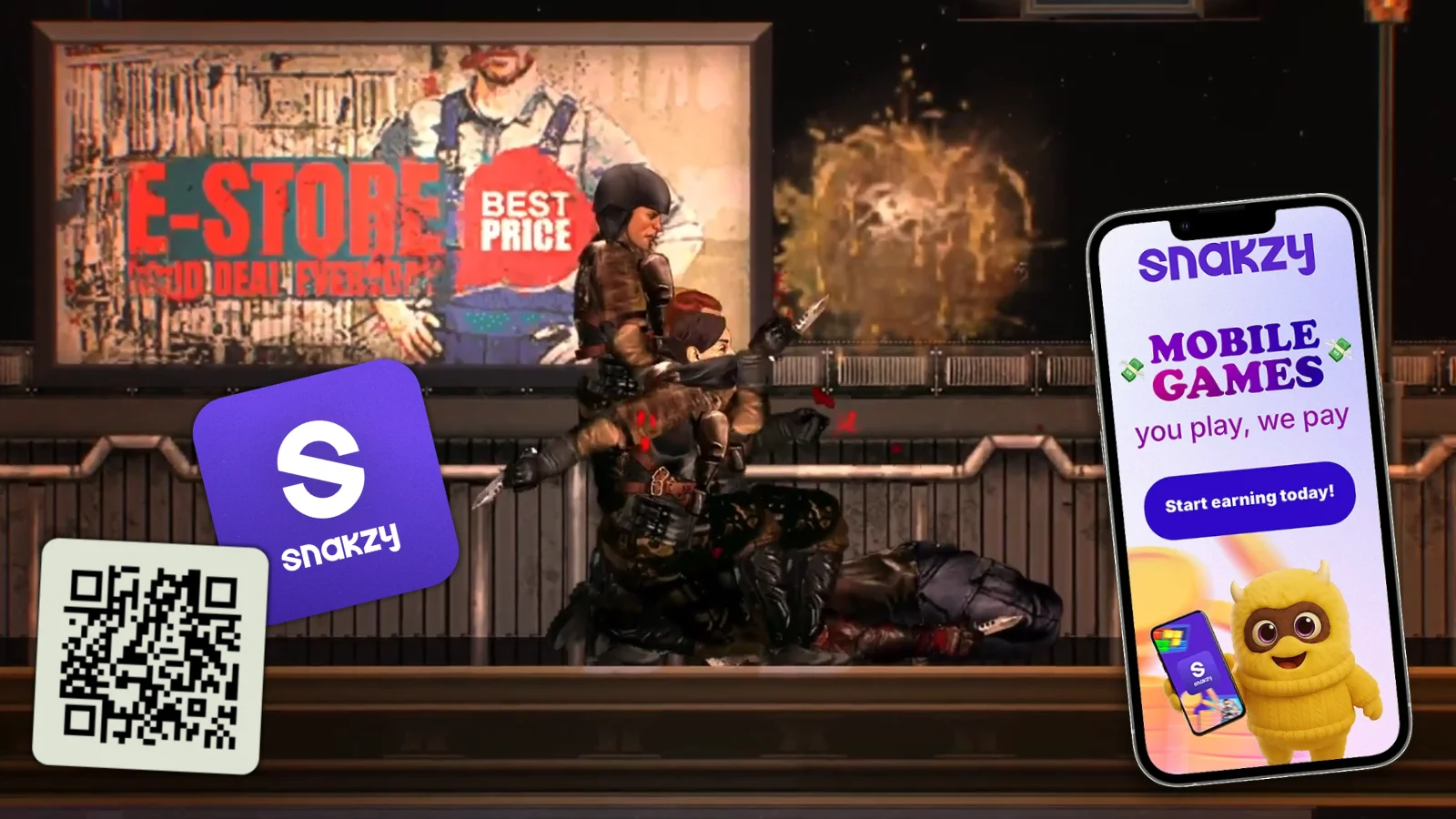 Barotrauma combat scene with a QR code linking to the Snakzy app