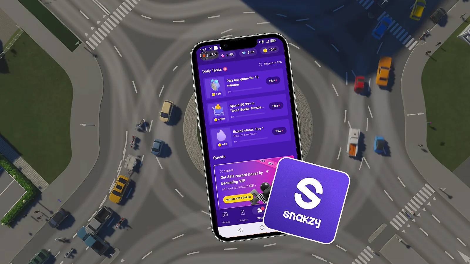Escena de tráfico rodado de Cities: Skylines II con la aplicación Snakzy y el logotipo superpuesto