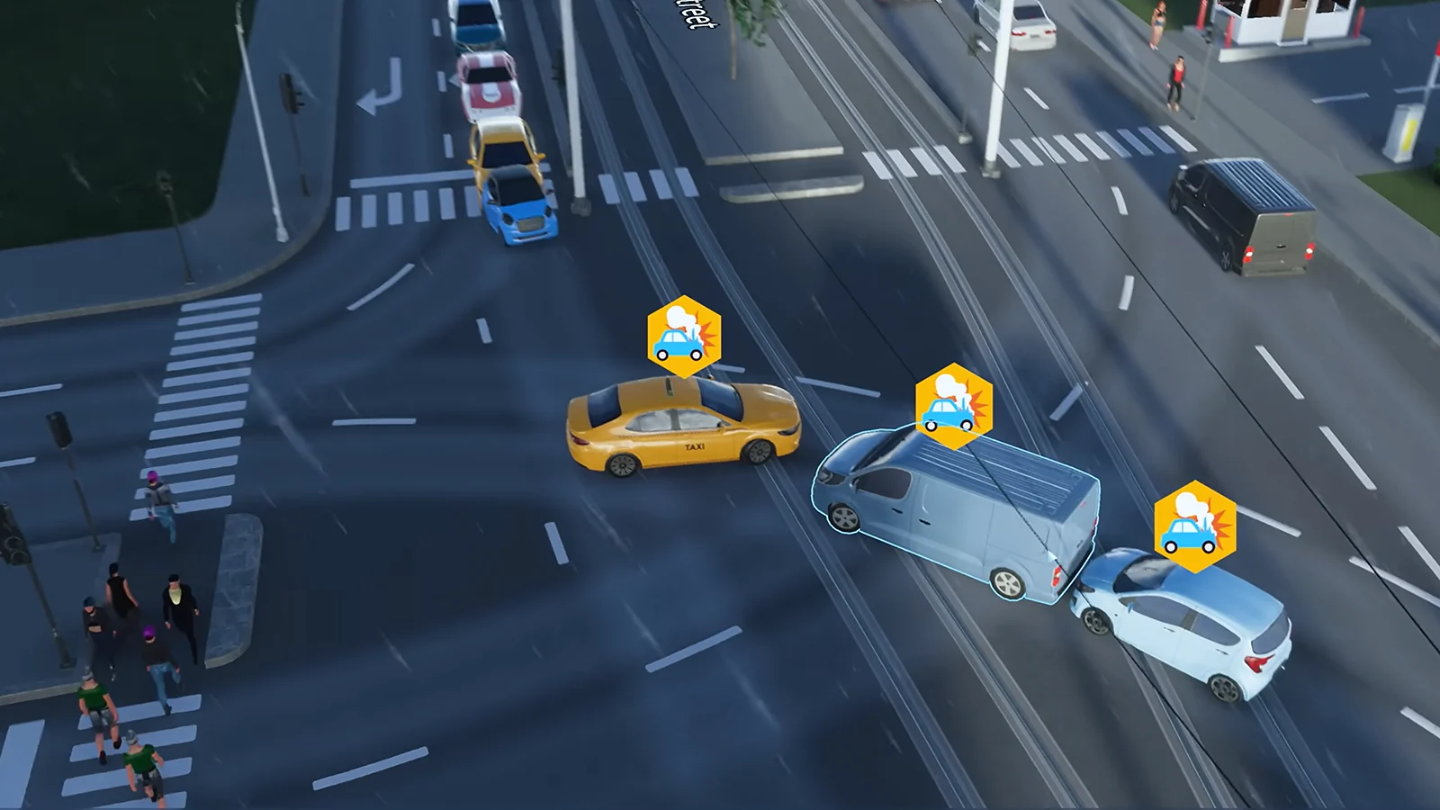 Escena urbana de «Cities: Skylines II» con tráfico y peatones