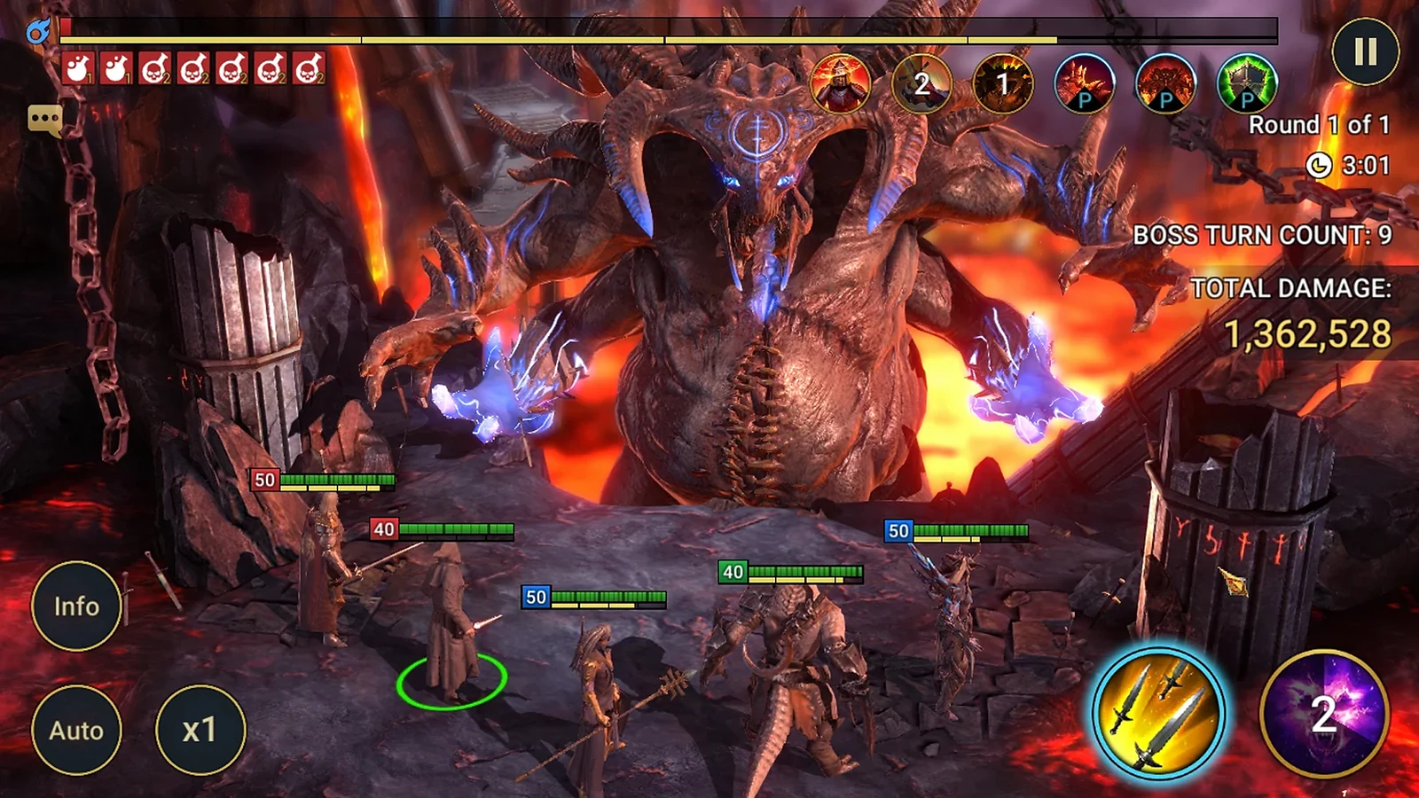 Combat interface showing a battle against a Clan Boss in Raid Shadow Legends