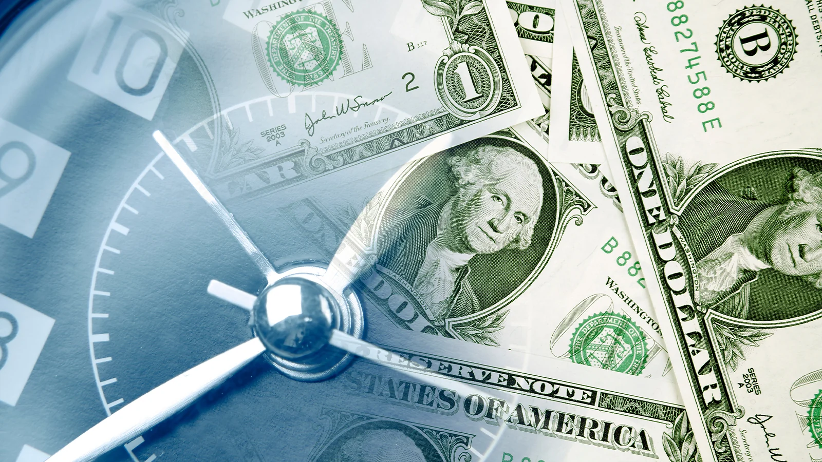 Clock face overlaid on United States one-dollar bills