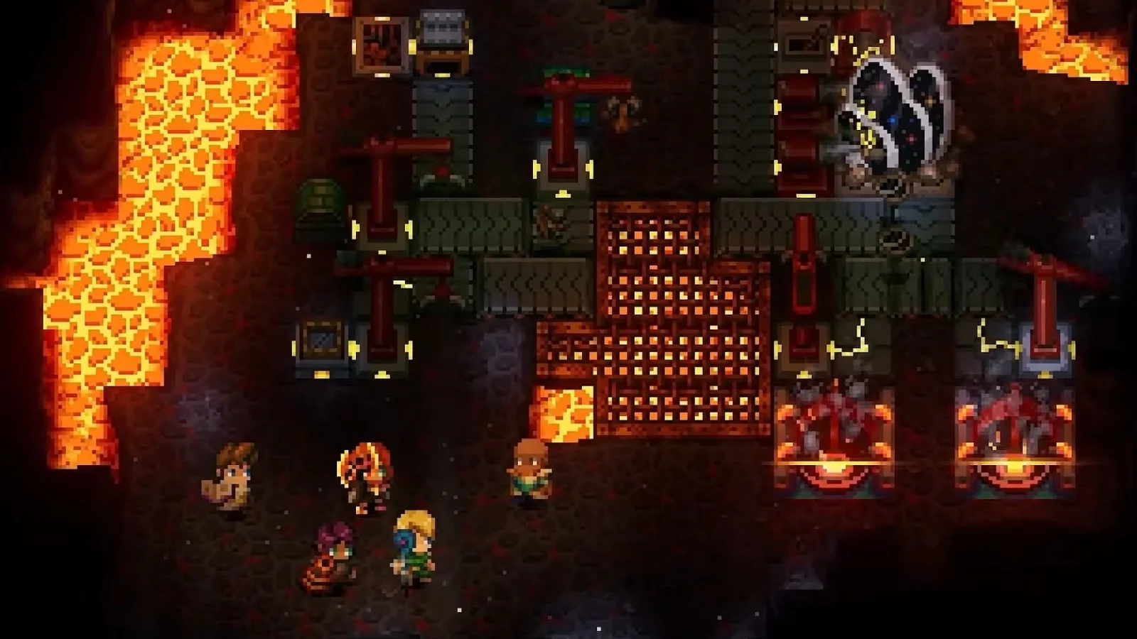 Jugadores en modo cooperativo que se abren paso a través de una base del Core Keeper situada en un bioma fundido, con maquinaria automatizada