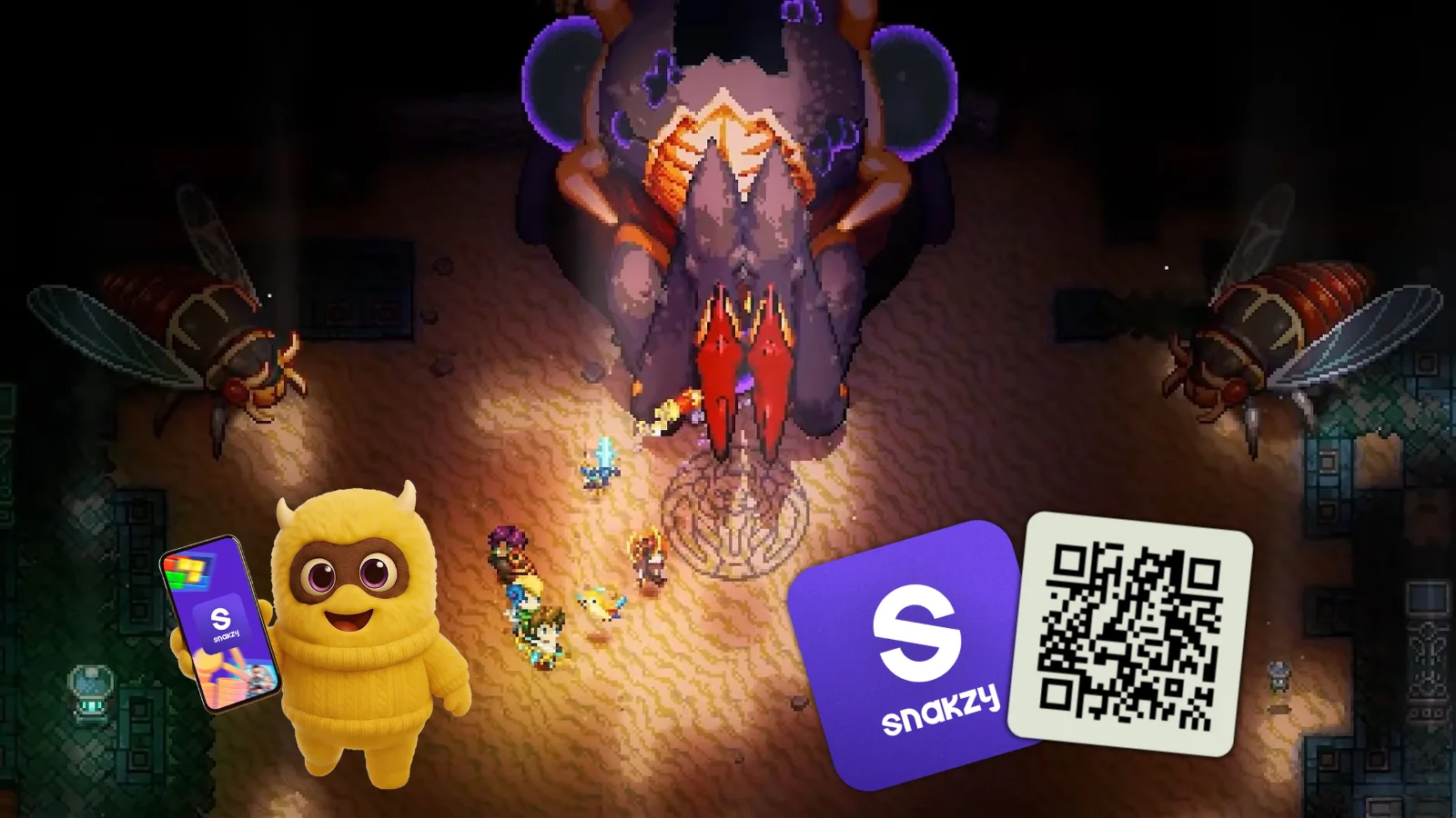 La mascota Snakzy y el código QR de la aplicación junto a un encuentro con un jefe de Core Keeper