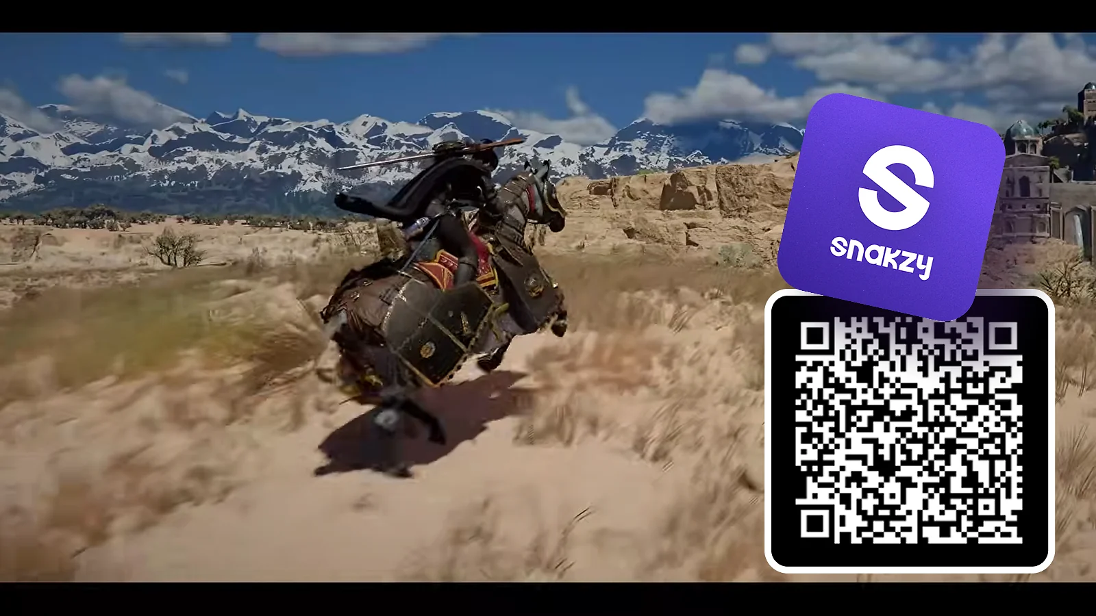 Crimson Desert riding gameplay alongside the Snakzy app QR code