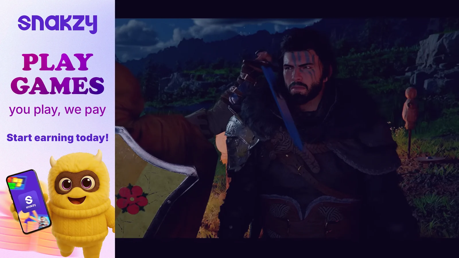 A tense combat moment with Kliff in Crimson Desert alongside a Snakzy banner