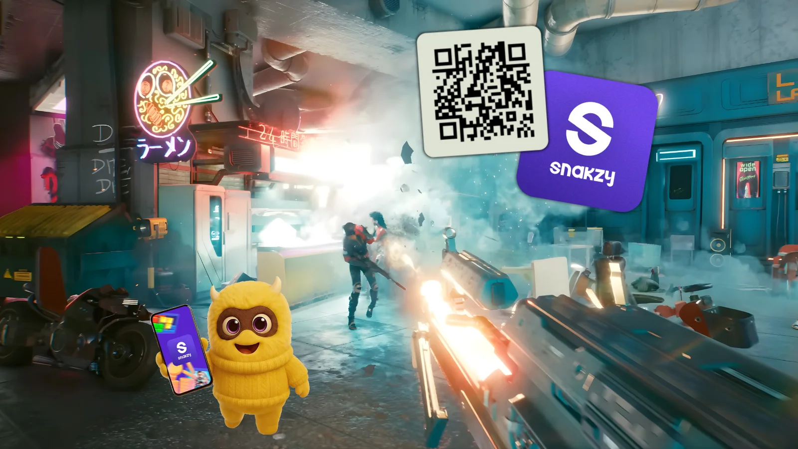 Cyberpunk 2077 gunfight scene with a Snakzy mascot QR code overlay