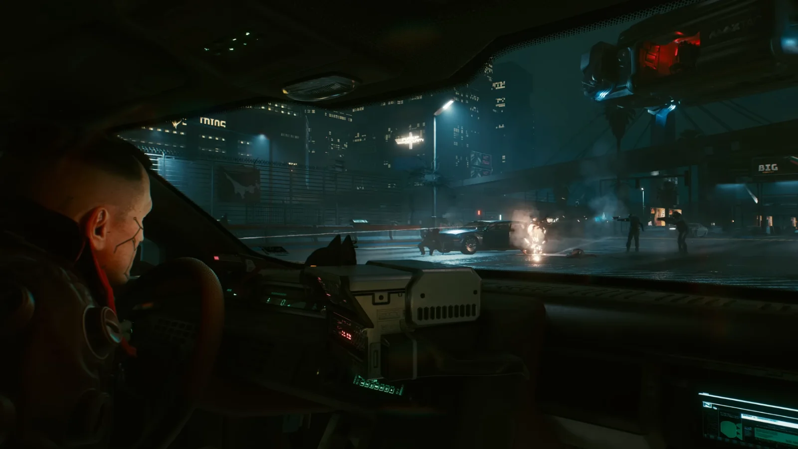 Cyberpunk 2077 street firefight scene viewed from inside a car