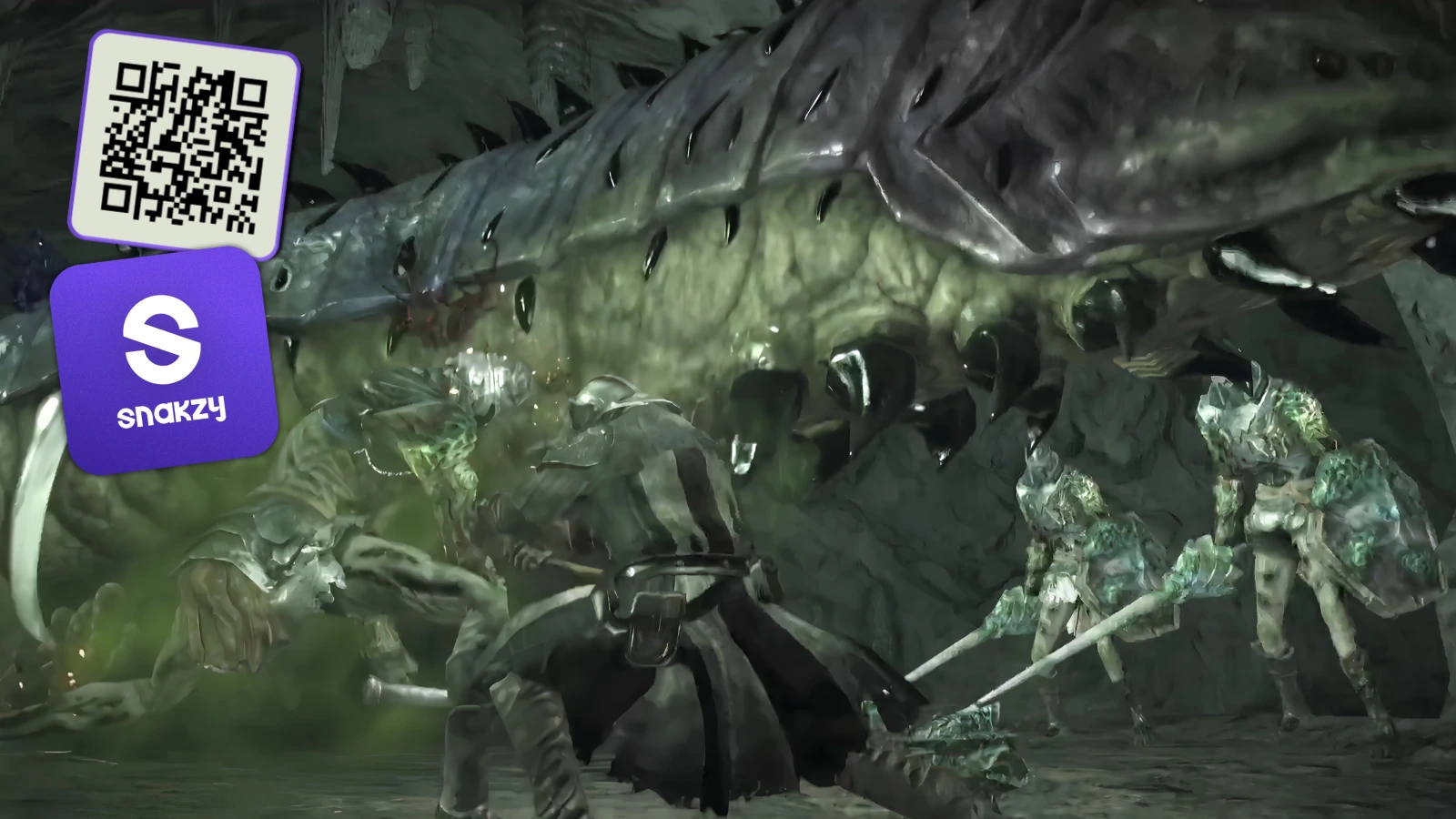 Snakzy app QR code alongside a Dark Souls 2 boss encounter